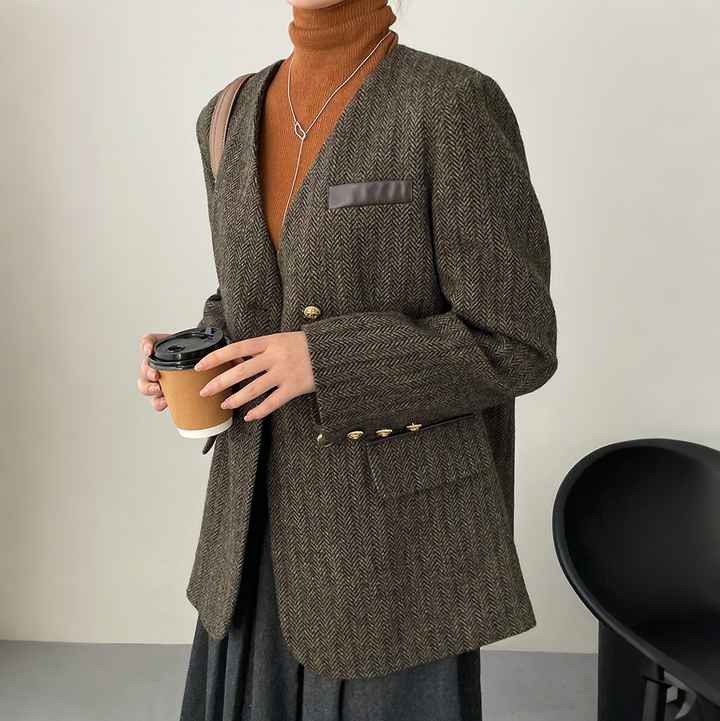 Damska marynarka wełniana w jodełkę z podwójnym zapięciem – elegancja w stylu vintage