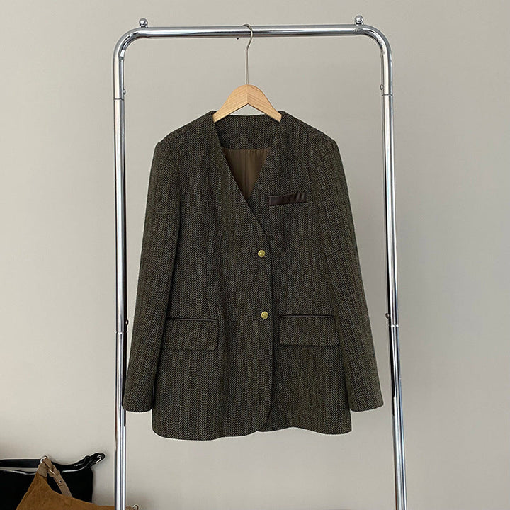 Damska marynarka wełniana w jodełkę z podwójnym zapięciem – elegancja w stylu vintage