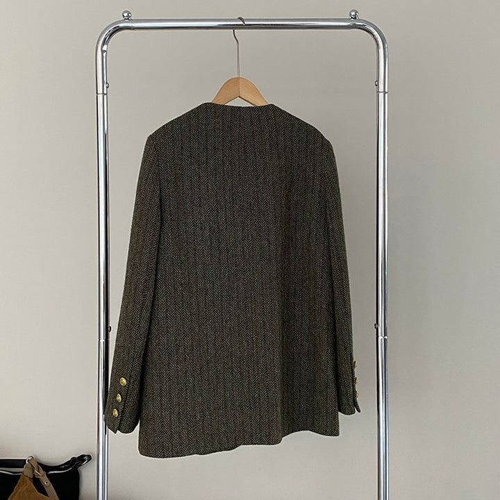 Damska marynarka wełniana w jodełkę z podwójnym zapięciem – elegancja w stylu vintage