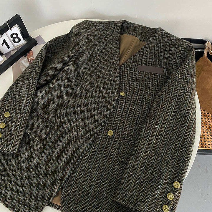 Damska marynarka wełniana w jodełkę z podwójnym zapięciem – elegancja w stylu vintage
