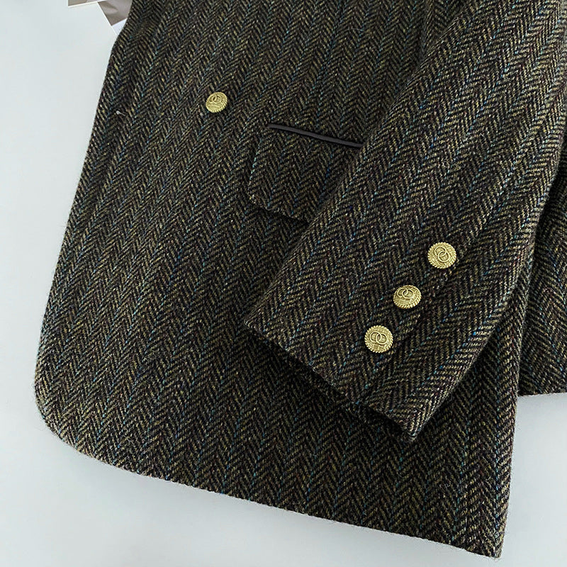 Damska marynarka wełniana w jodełkę z podwójnym zapięciem – elegancja w stylu vintage