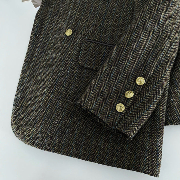 Damska marynarka wełniana w jodełkę z podwójnym zapięciem – elegancja w stylu vintage