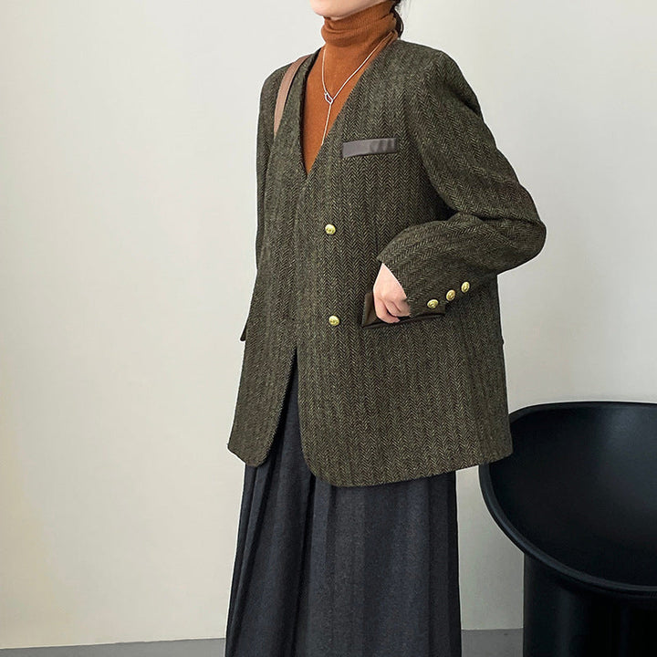 Damska marynarka wełniana w jodełkę z podwójnym zapięciem – elegancja w stylu vintage