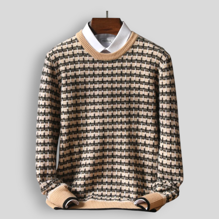 Sweter męski z 100% wełny merynosów w kratkę z okrągłym dekoltem