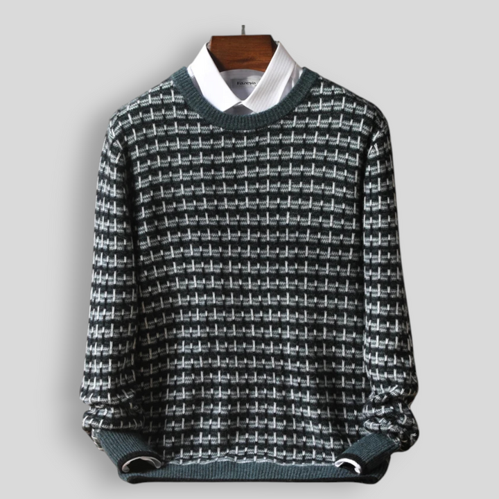 Sweter męski z 100% wełny merynosów w kratkę z okrągłym dekoltem