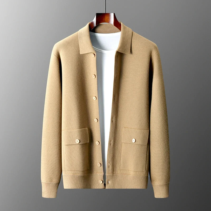 Sweter męski z 100% wełny merynosów – cardigan z kołnierzem i guzikami