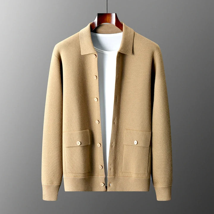 Sweter męski z 100% wełny merynosów – cardigan z kołnierzem i guzikami