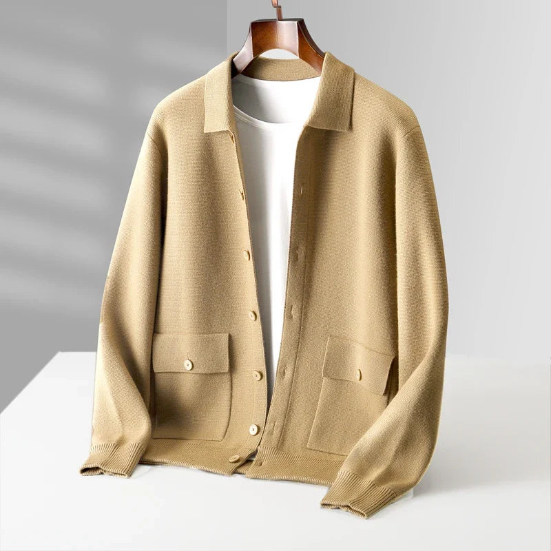 Sweter męski z 100% wełny merynosów – cardigan z kołnierzem i guzikami