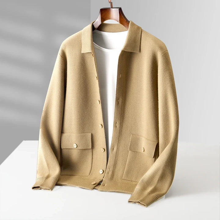 Sweter męski z 100% wełny merynosów – cardigan z kołnierzem i guzikami