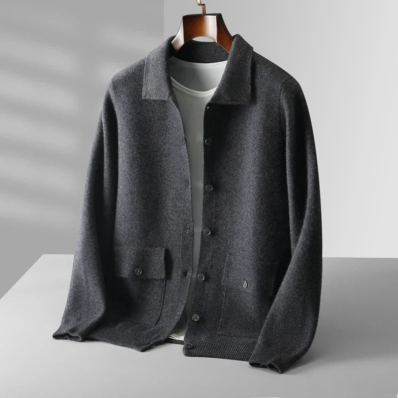 Sweter męski z 100% wełny merynosów – cardigan z kołnierzem i guzikami