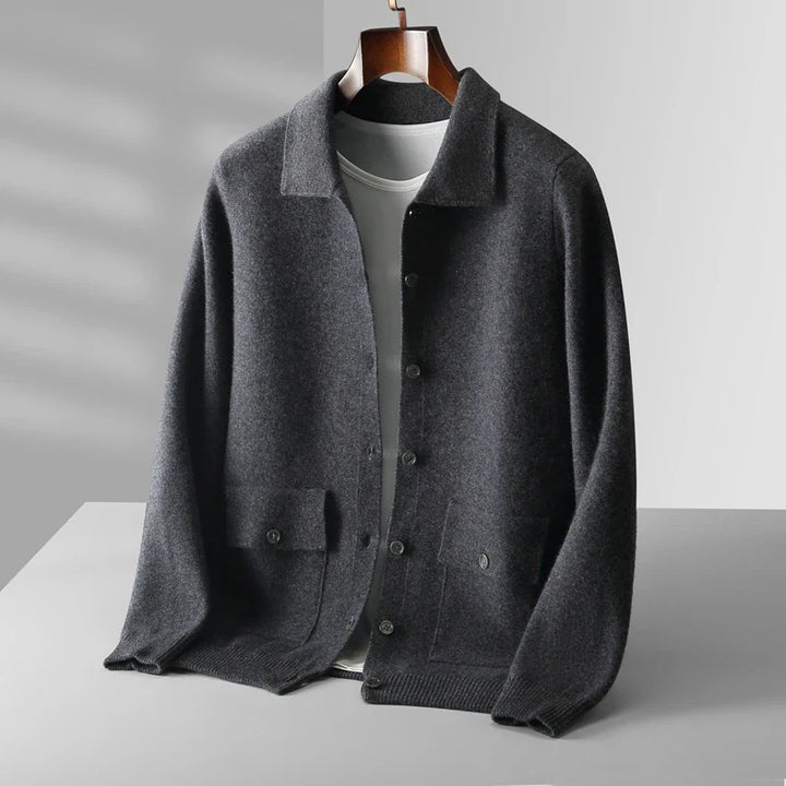 Sweter męski z 100% wełny merynosów – cardigan z kołnierzem i guzikami