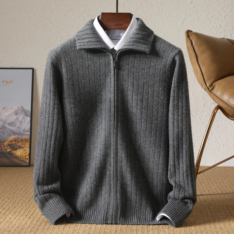 Sweter męski z 100% wełny merynosów ze stójką i zamkiem – prążkowany i stylowy
