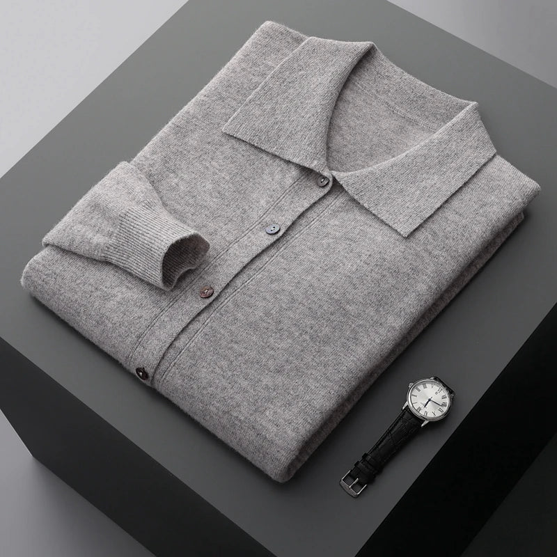 Sweter męski z wełny – zapinany na guziki, z kołnierzem koszulowym