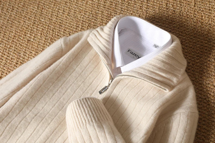 Sweter męski z 100% wełny merynosów ze stójką i zamkiem – prążkowany i stylowy
