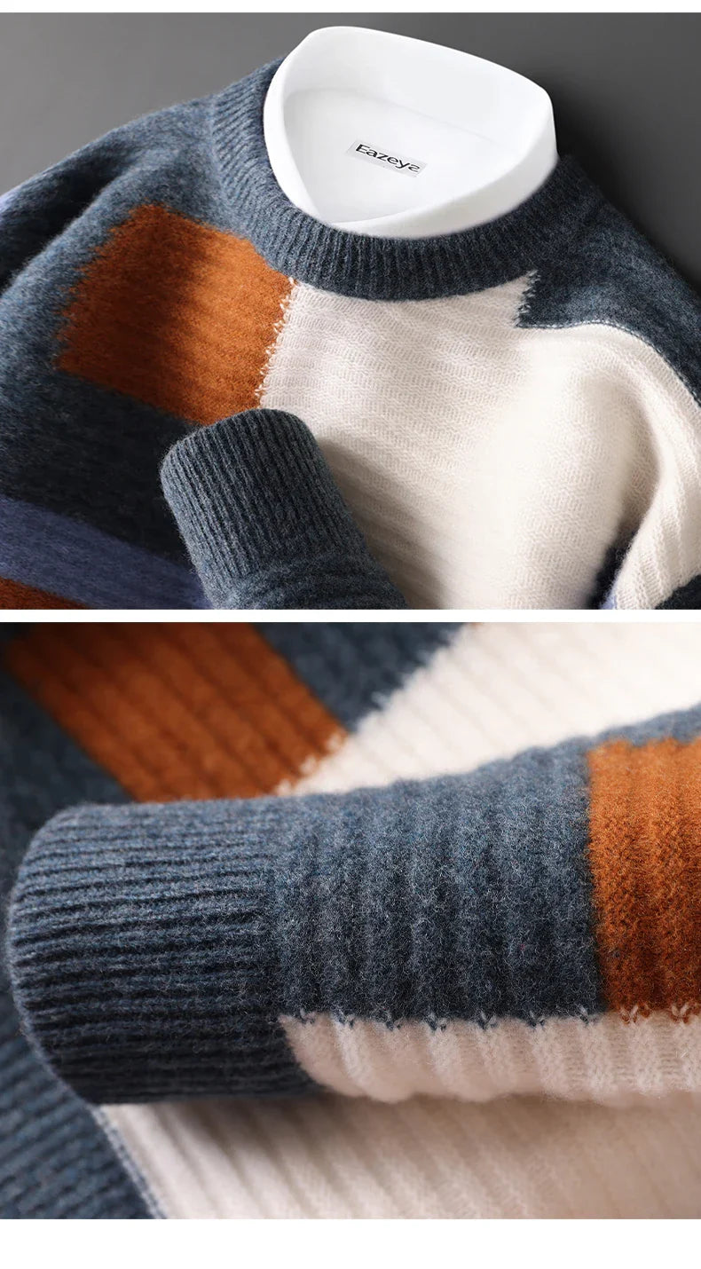 Sweter męski z 100% wełny merynosów – wzór geometryczny, okrągły dekolt