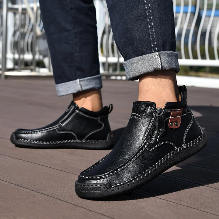 Męskie buty skórzane casual z zamkiem – lekkie, antypoślizgowe, codzienne obuwie trekkingowe