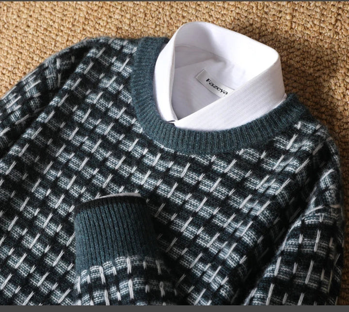 Sweter męski z 100% wełny merynosów w kratkę z okrągłym dekoltem