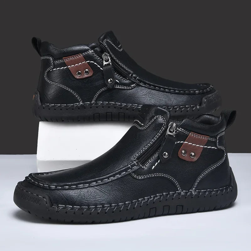 Męskie buty skórzane casual z zamkiem – lekkie, antypoślizgowe, codzienne obuwie trekkingowe