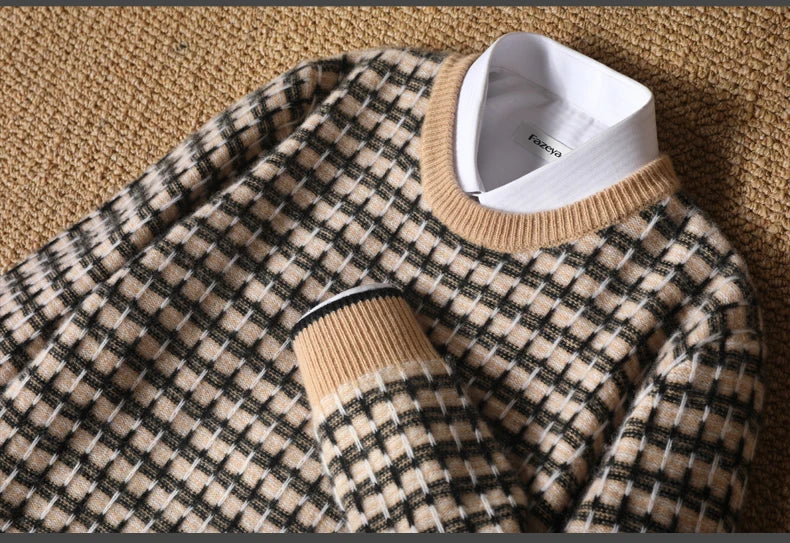 Sweter męski z 100% wełny merynosów w kratkę z okrągłym dekoltem