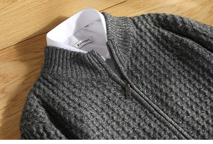 Sweter męski zapinany na zamek z 100% wełny merynosów – gruby splot i stójka
