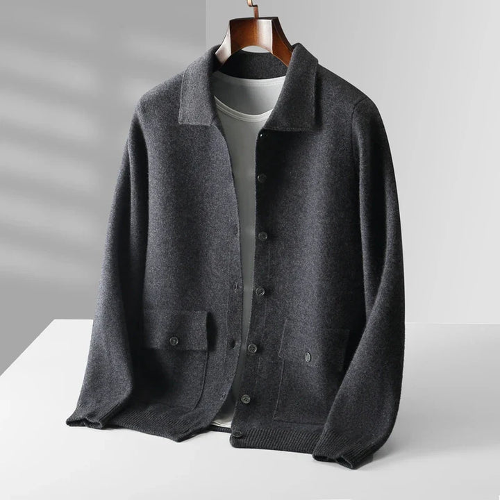 Sweter męski z 100% wełny merynosów – cardigan z kołnierzem i guzikami