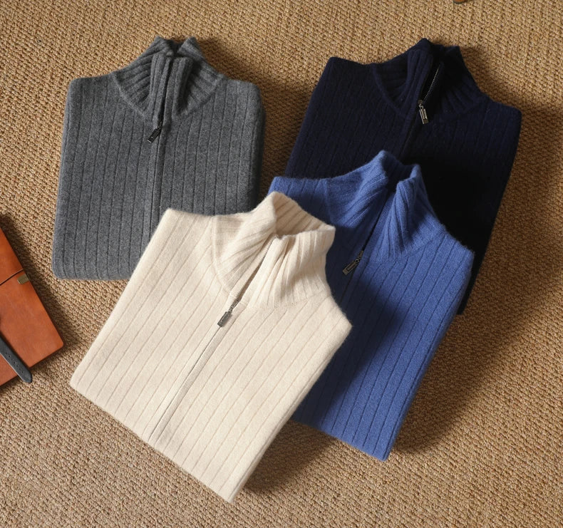 Sweter męski z 100% wełny merynosów ze stójką i zamkiem – prążkowany i stylowy