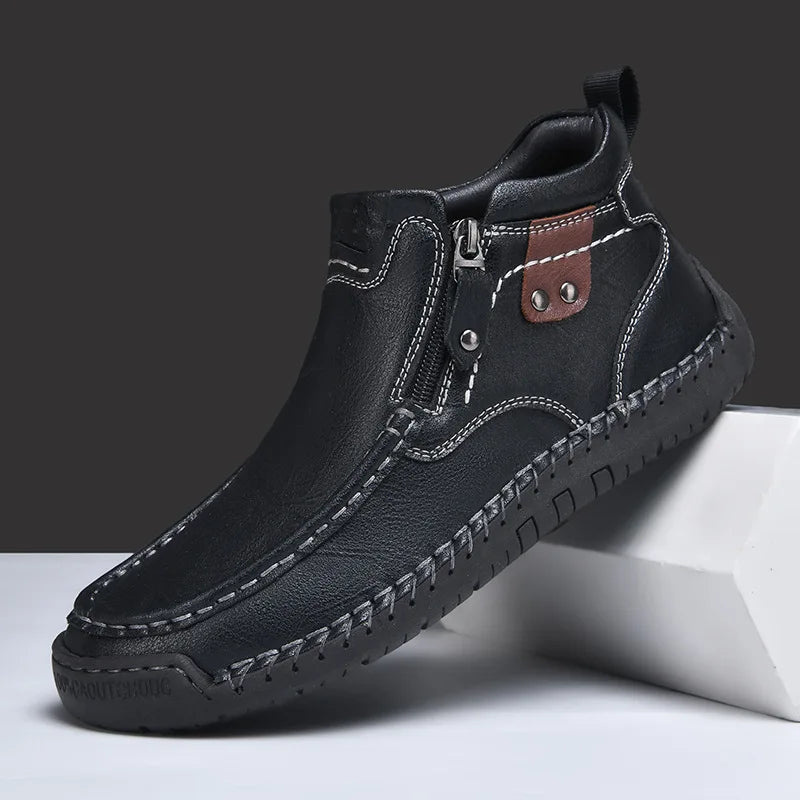Męskie buty skórzane casual z zamkiem – lekkie, antypoślizgowe, codzienne obuwie trekkingowe