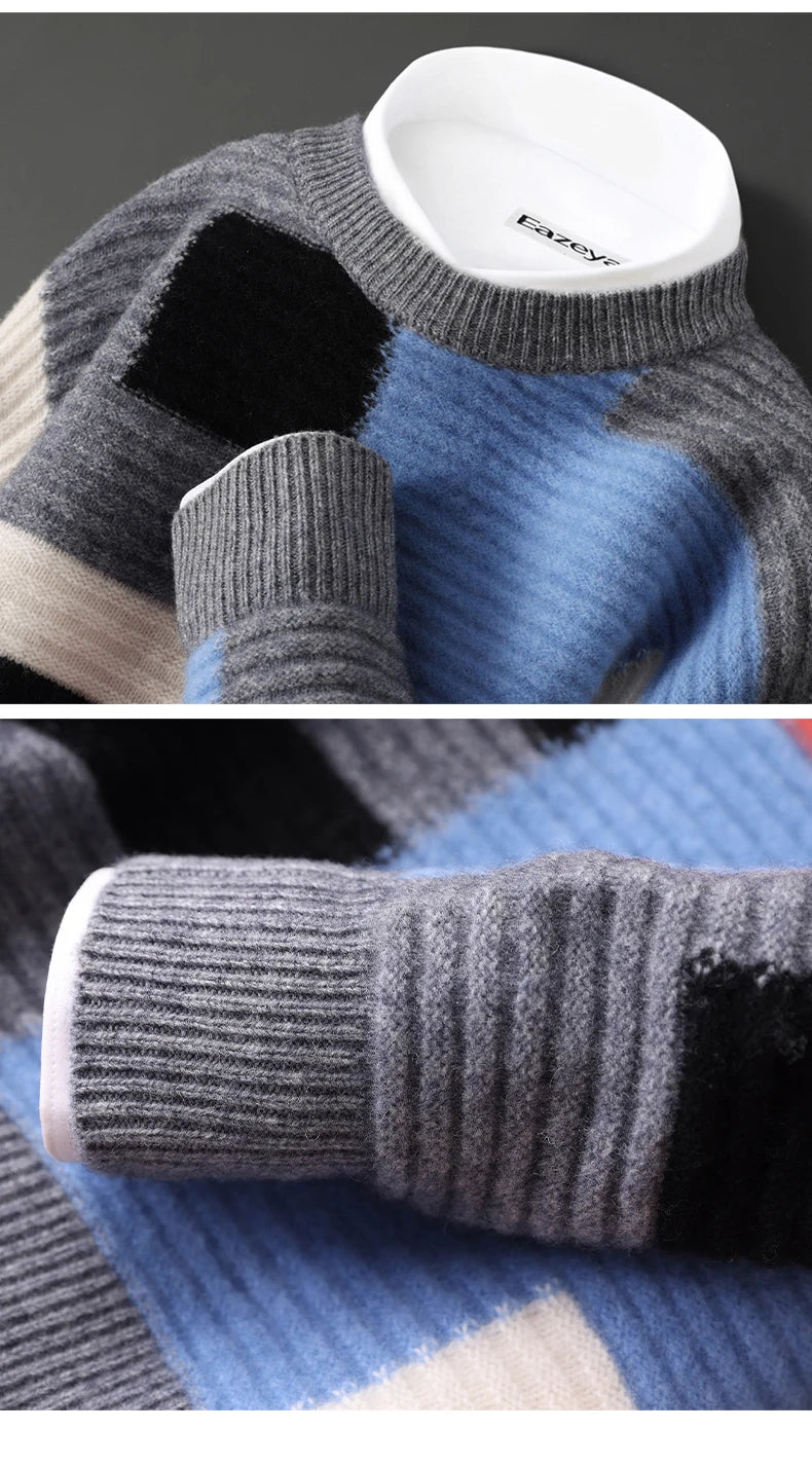 Sweter męski z 100% wełny merynosów – wzór geometryczny, okrągły dekolt