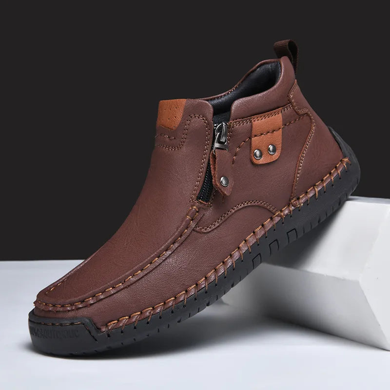 Męskie buty skórzane casual z zamkiem – lekkie, antypoślizgowe, codzienne obuwie trekkingowe
