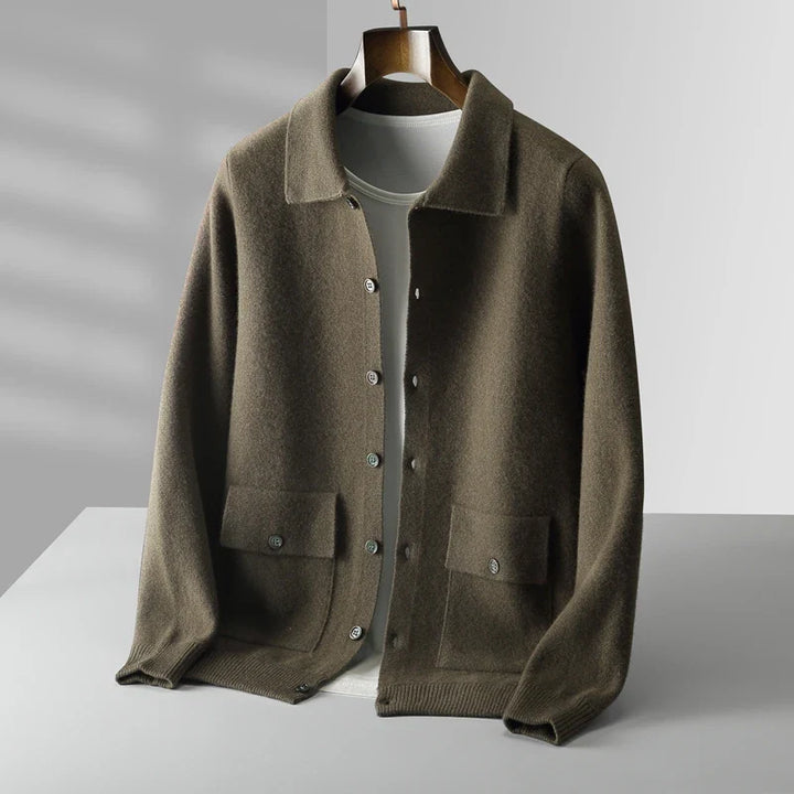 Sweter męski z 100% wełny merynosów – cardigan z kołnierzem i guzikami