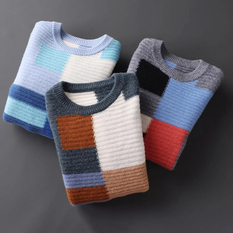 Sweter męski z 100% wełny merynosów – wzór geometryczny, okrągły dekolt