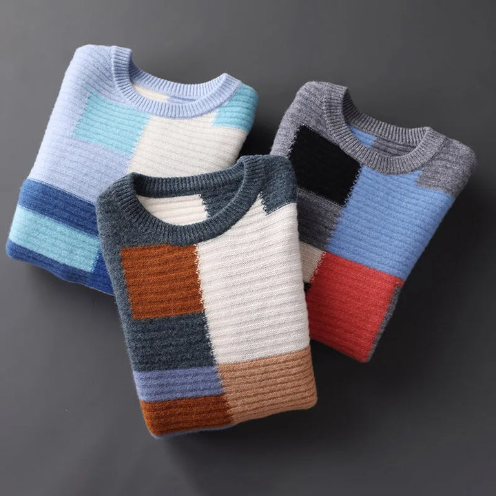 Sweter męski z 100% wełny merynosów – wzór geometryczny, okrągły dekolt