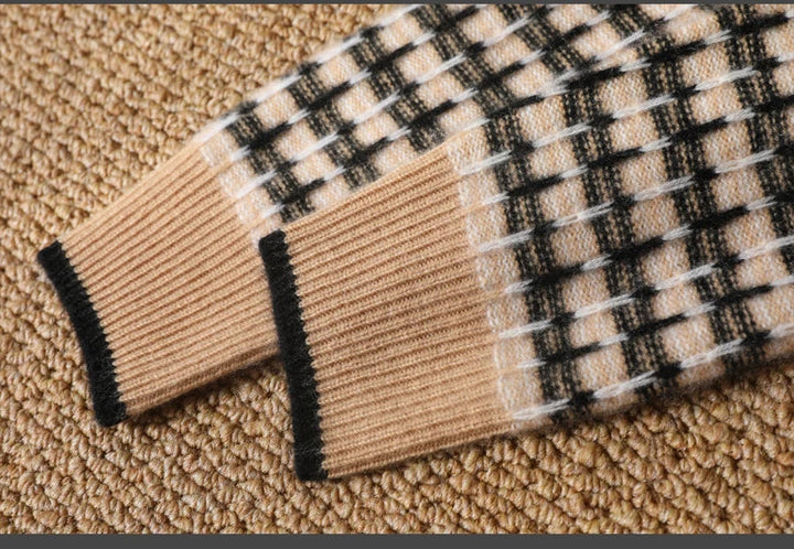 Sweter męski z 100% wełny merynosów w kratkę z okrągłym dekoltem
