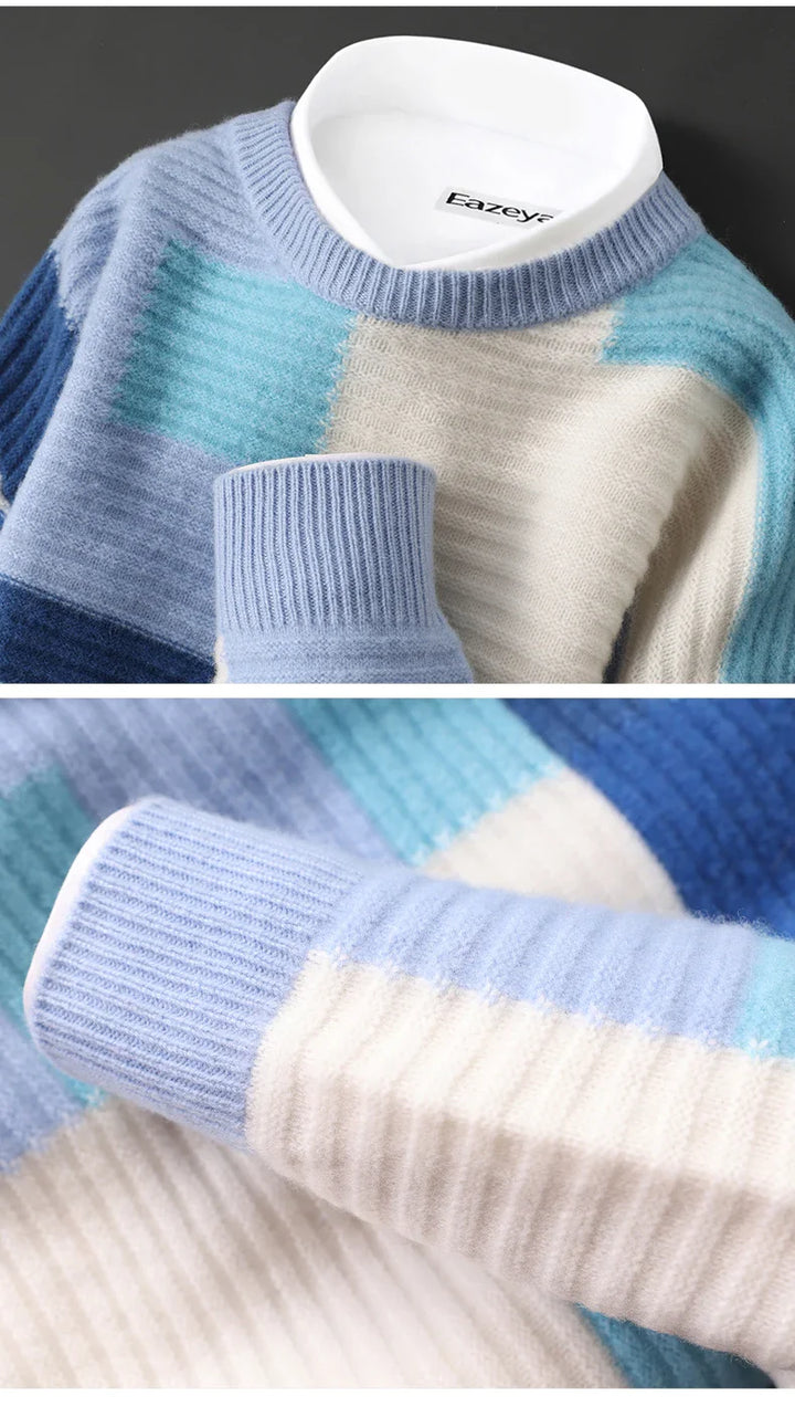 Sweter męski z 100% wełny merynosów – wzór geometryczny, okrągły dekolt