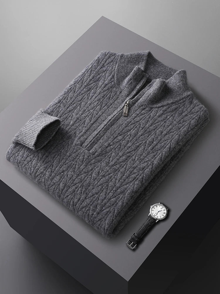 Sweter męski z wełny merynosów ze stójką i zamkiem do połowy