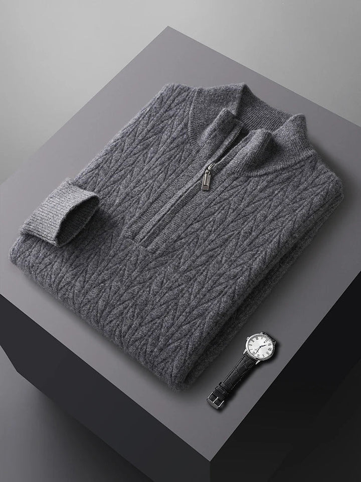 Sweter męski z wełny merynosów ze stójką i zamkiem do połowy