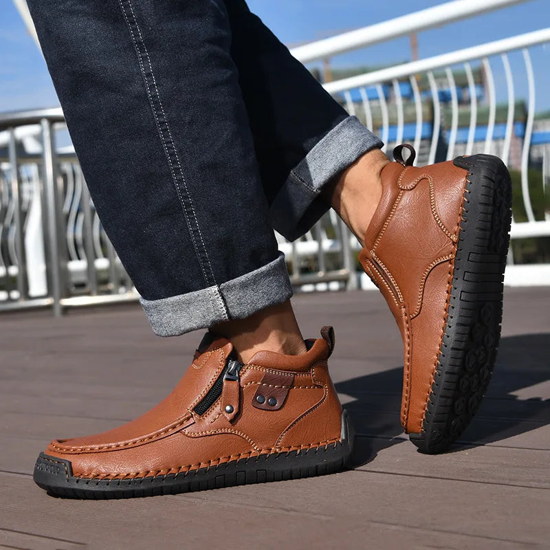 Męskie buty skórzane casual z zamkiem – lekkie, antypoślizgowe, codzienne obuwie trekkingowe