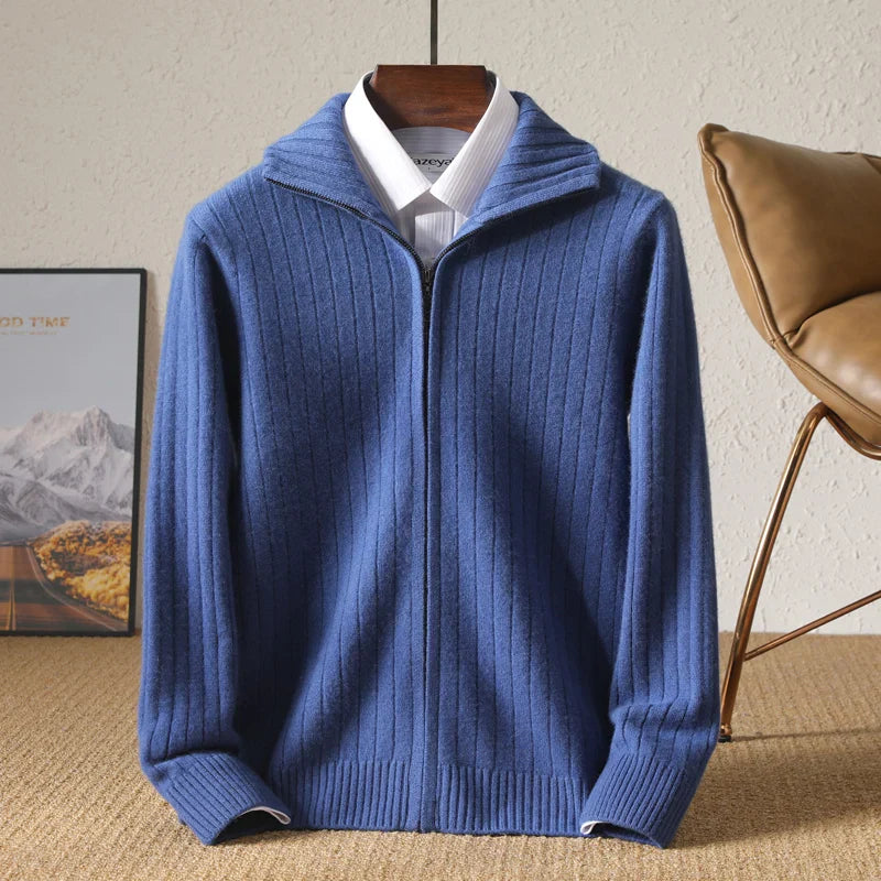 Sweter męski z 100% wełny merynosów ze stójką i zamkiem – prążkowany i stylowy