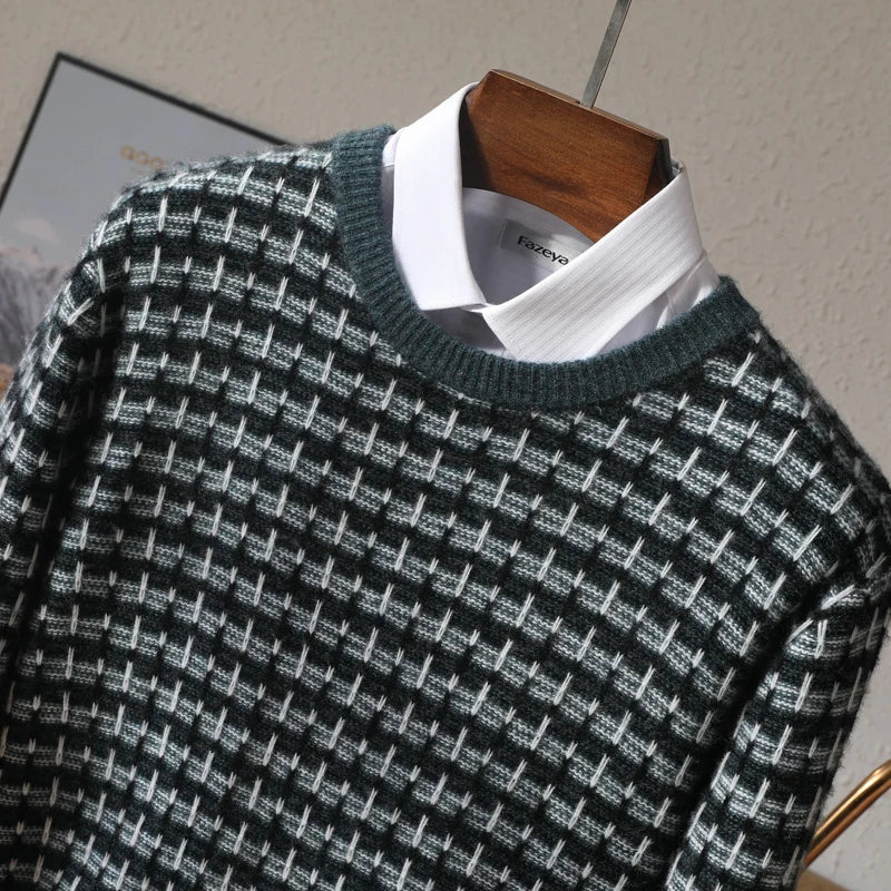 Sweter męski z 100% wełny merynosów w kratkę z okrągłym dekoltem