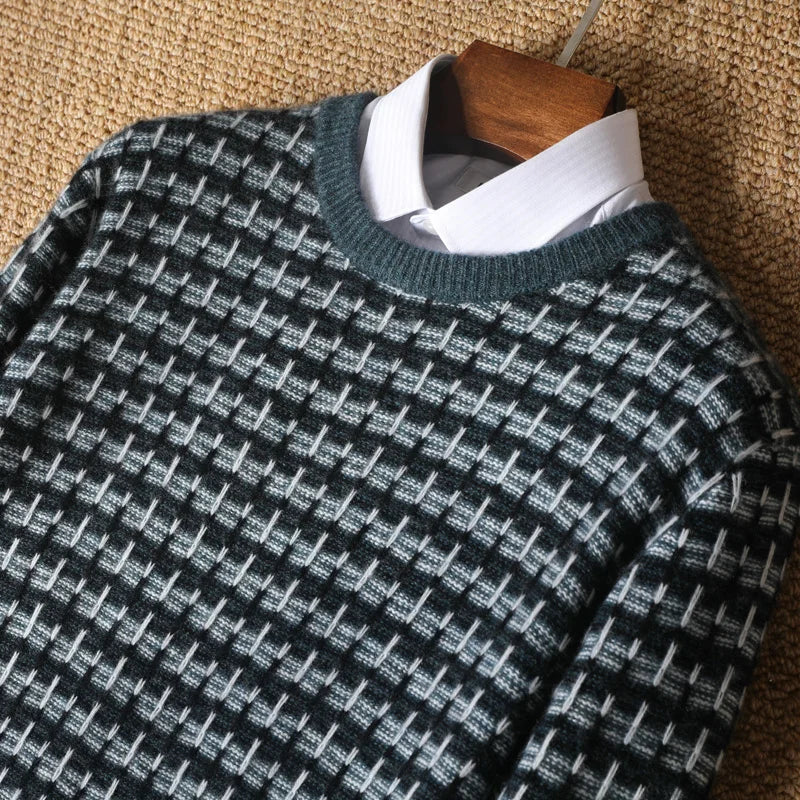 Sweter męski z 100% wełny merynosów w kratkę z okrągłym dekoltem