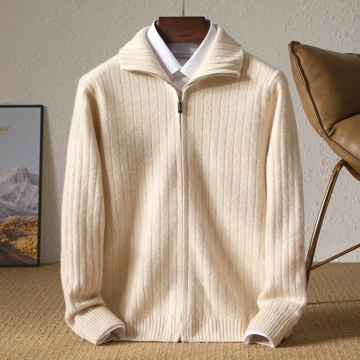 Sweter męski z 100% wełny merynosów ze stójką i zamkiem – prążkowany i stylowy