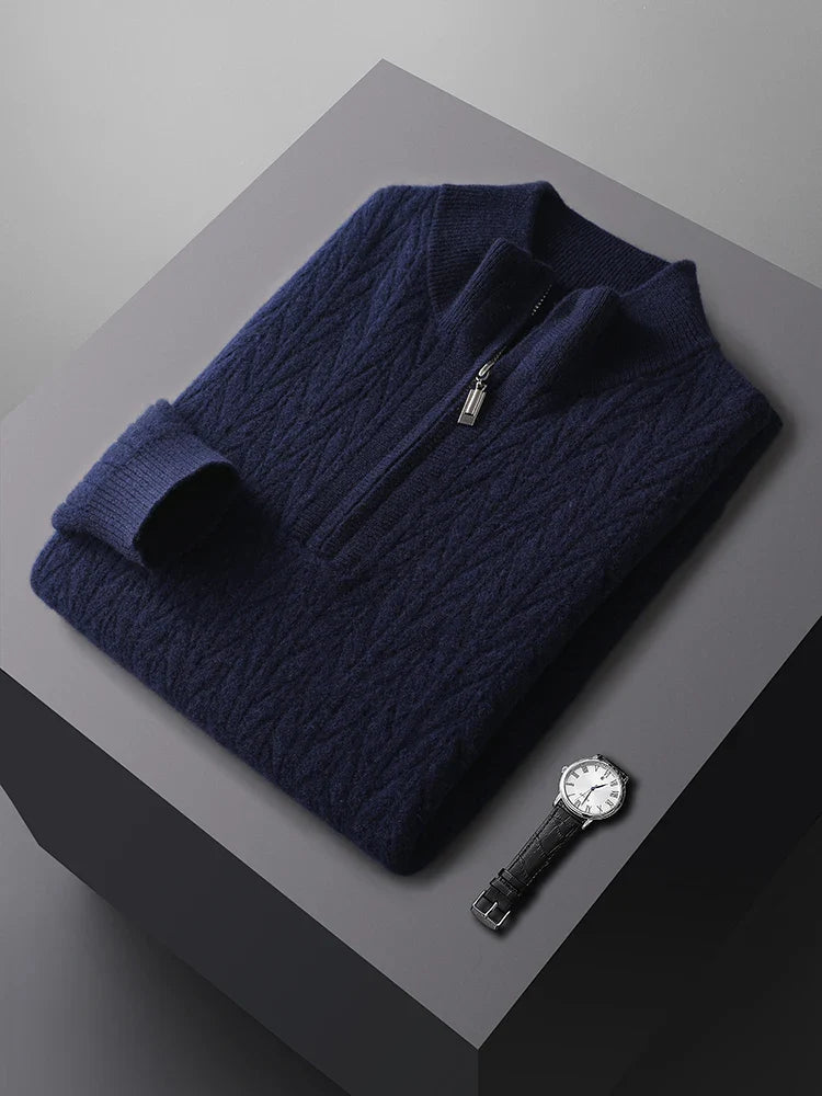 Sweter męski z wełny merynosów ze stójką i zamkiem do połowy
