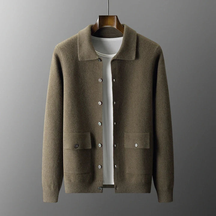 Sweter męski z 100% wełny merynosów – cardigan z kołnierzem i guzikami