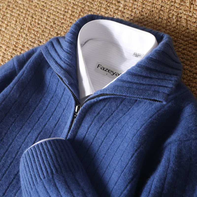 Sweter męski z 100% wełny merynosów ze stójką i zamkiem – prążkowany i stylowy