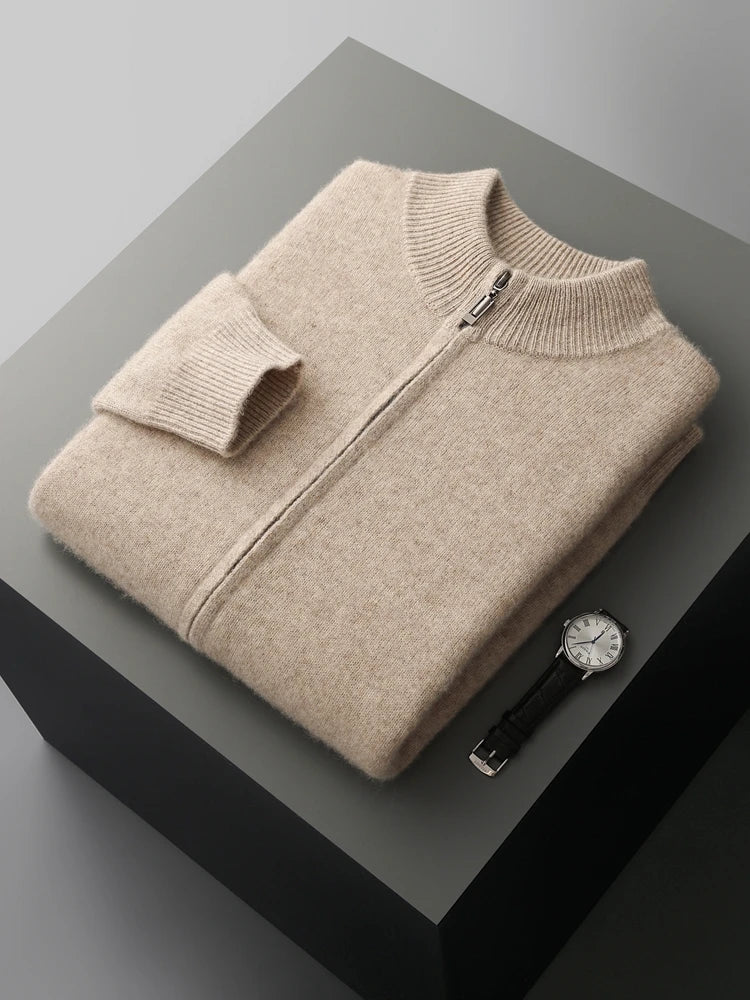 Męski sweter rozpinany z wełny merino – 100% australijska wełna, elegancki kardigan z zamkiem