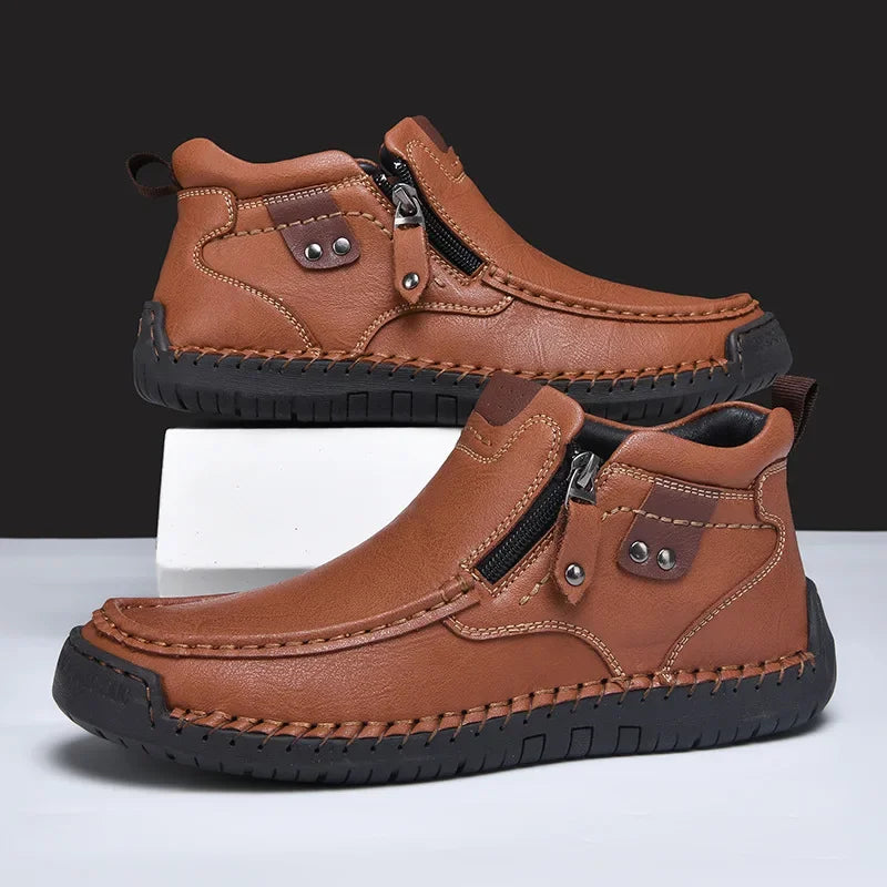 Męskie buty skórzane casual z zamkiem – lekkie, antypoślizgowe, codzienne obuwie trekkingowe
