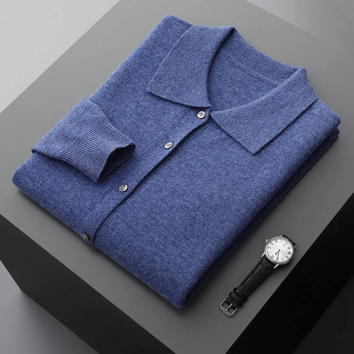 Sweter męski z wełny – zapinany na guziki, z kołnierzem koszulowym