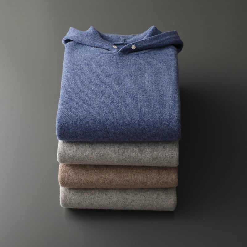 Sweter męski z 100% wełny merynosów – z kapturem i kieszenią, styl casual
