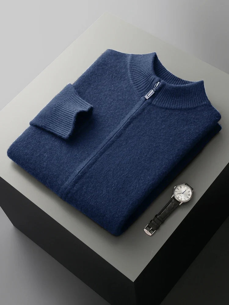 Męski sweter rozpinany z wełny merino – 100% australijska wełna, elegancki kardigan z zamkiem