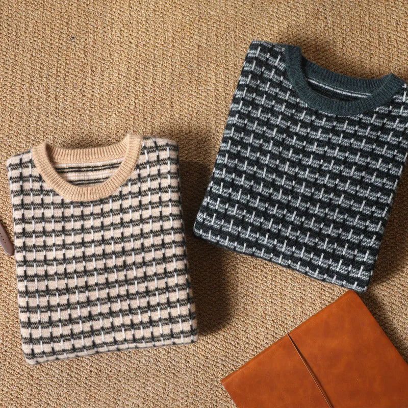 Sweter męski z 100% wełny merynosów w kratkę z okrągłym dekoltem